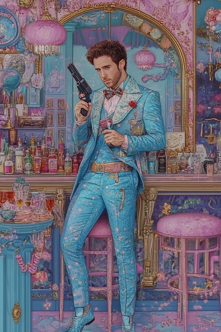 Ryan Reynolds cosplaying as Spike Spiegel from Cowboy Bebop in a blue suit, holding a gun in a smoky jazz bar setting.