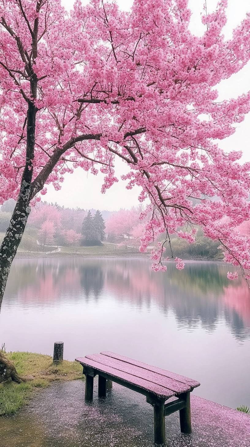 Un árbol de cerezo pacífico sobre un estanque tranquilo