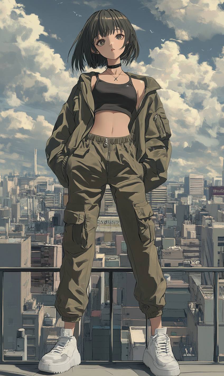 Trendy anime girl with mid-length bob hair and bangs, dressed in a khaki utility jacket, black crop top, high-waisted joggers, and white platform sneakers in bold earthy tones.