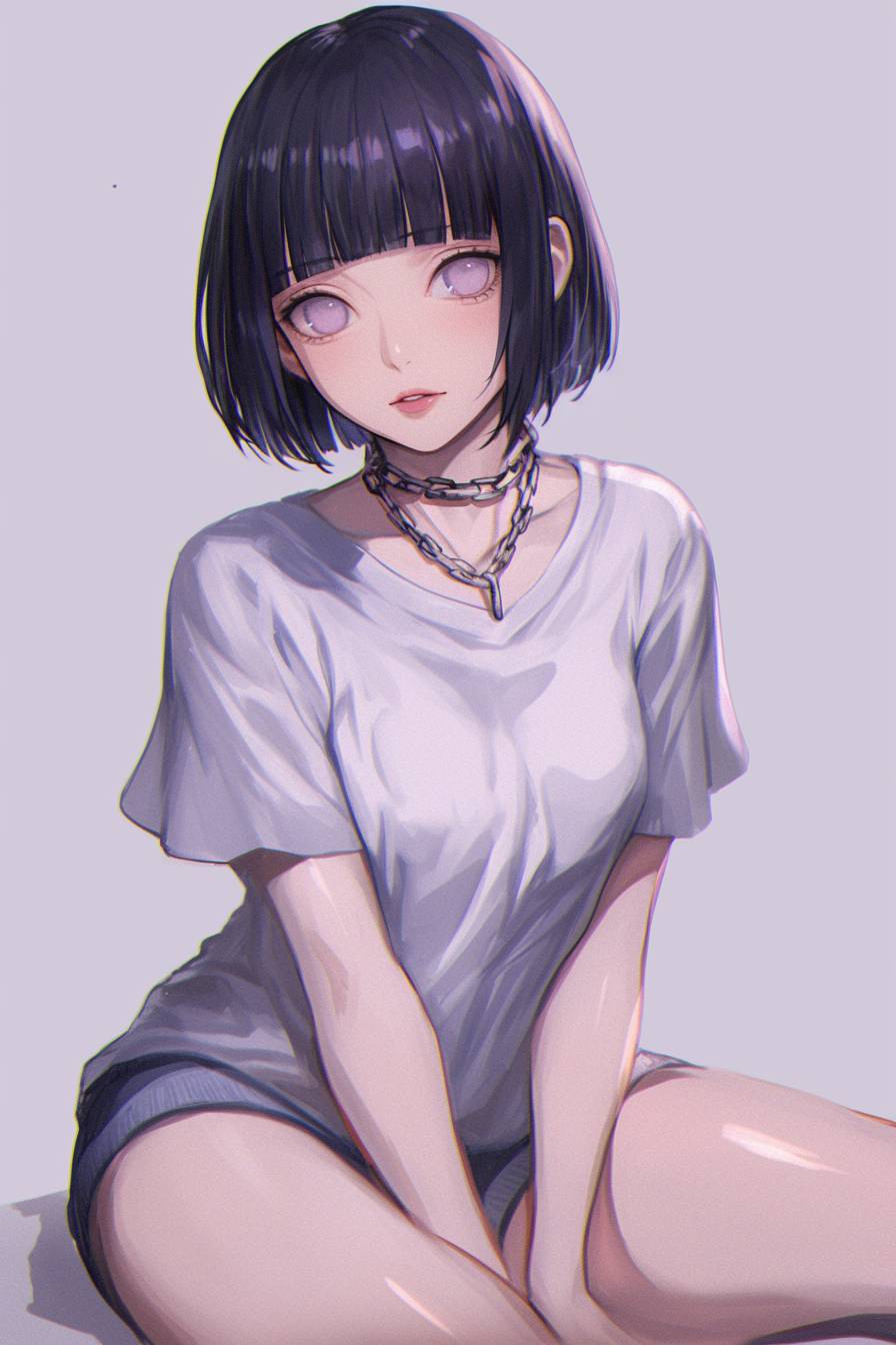 A beautiful Hinata Hyuga in shorts and a T-shirt, sitting pose.