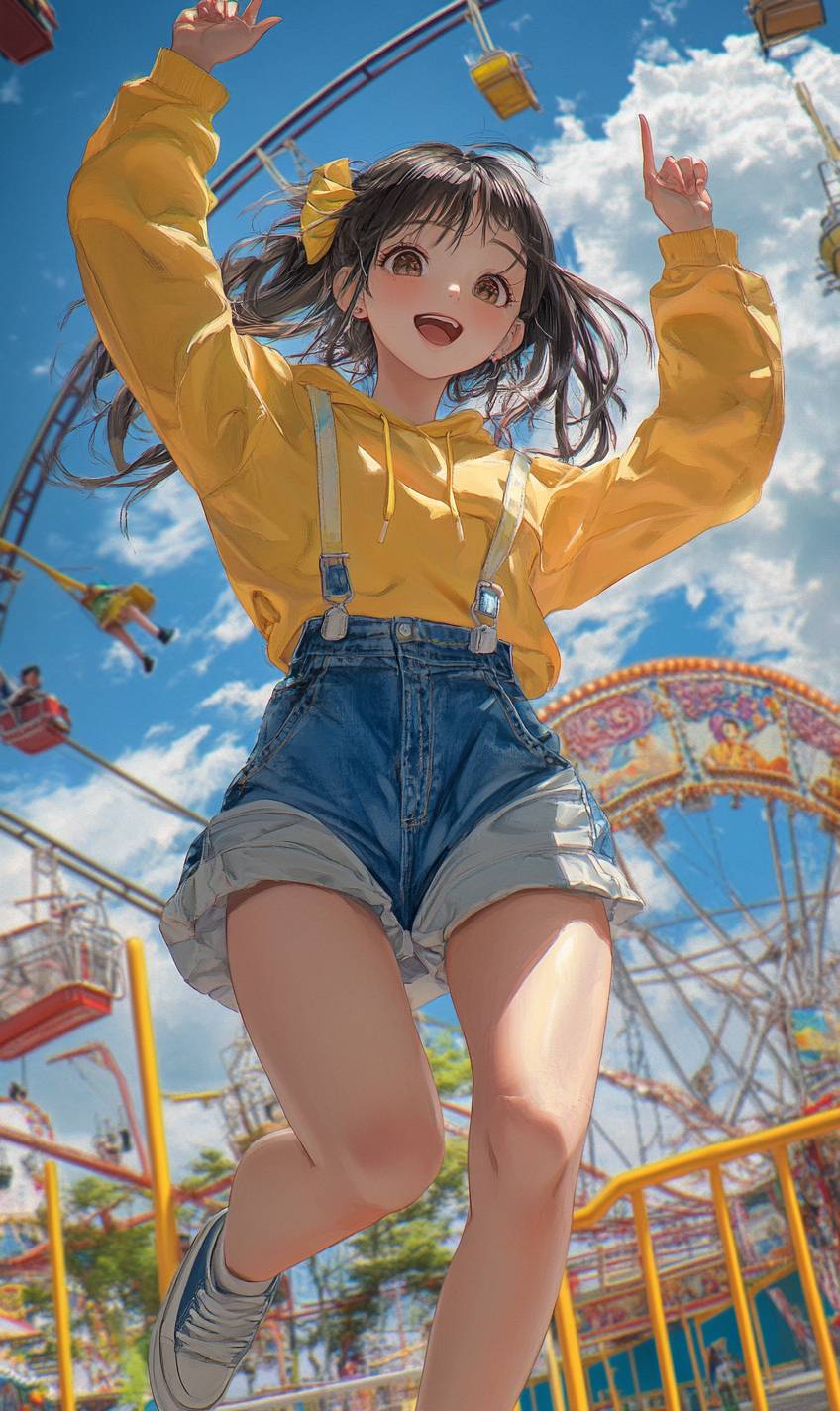 Energisches Anime-Mädchen in einem gelben Hoodie und Jeansoverall, das in einem Freizeitpark springt, fröhliche Stimmung.