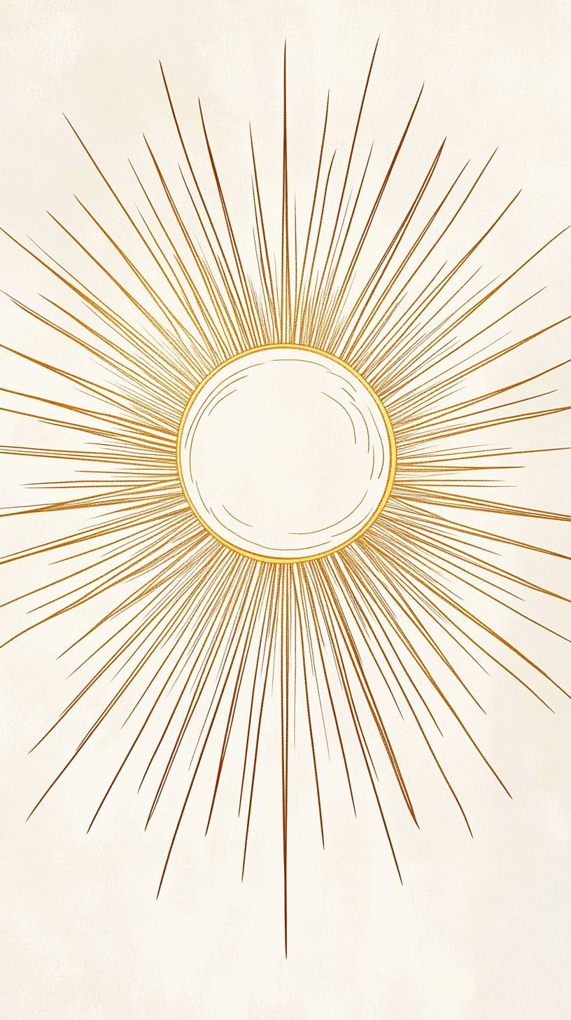 Contour de soleil dessiné à la main, lignes dorées légères, rayons minimalistes, composition claire