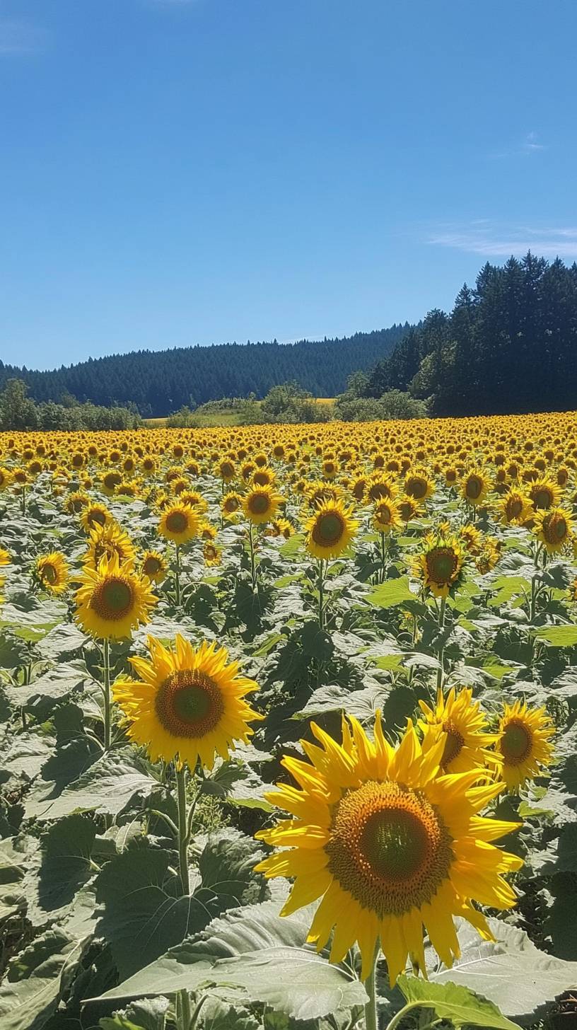 Un vibrante campo de girasoles bajo un cielo azul brillante.