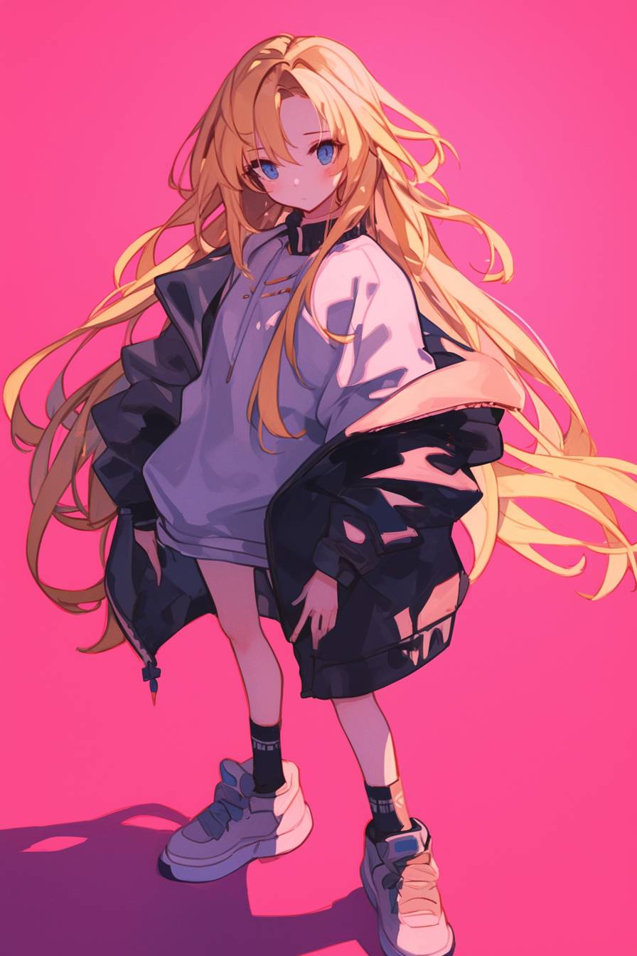 A vibrant anime-style character with long blonde hair in an oversized streetwear tracksuit.