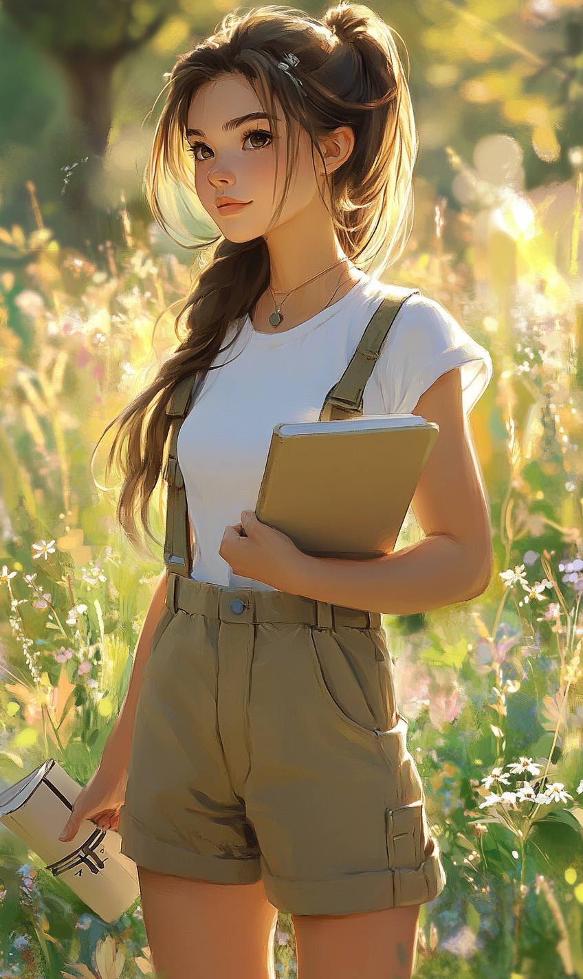 Ein natürliches Anime-Mädchen mit langen Haaren in einem lockeren Pferdeschwanz, das ein weißes T-Shirt und khakifarbenen Latzhosen trägt und ein Skizzenbuch in einer goldenen Landschaft mit Wildblumen hält.