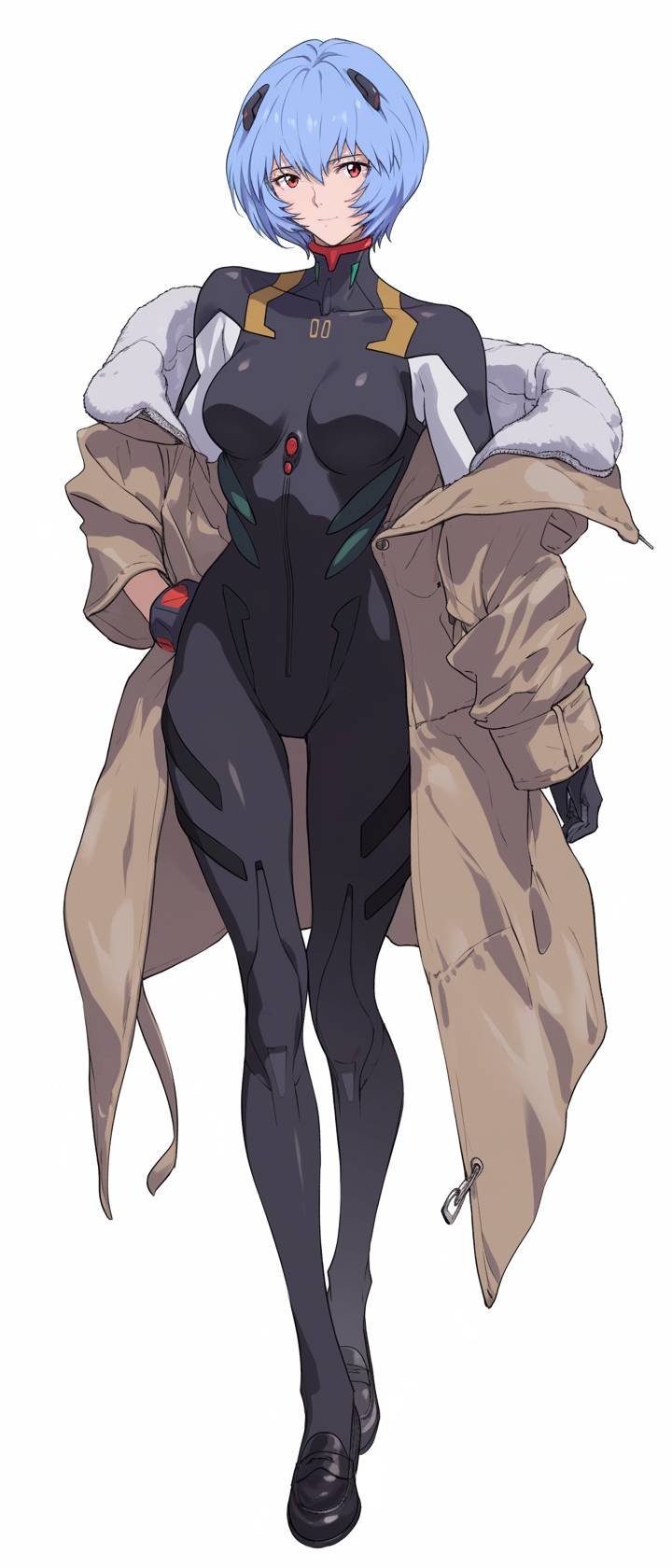 Victoria Beckham costumé en Rei Ayanami de Neon Genesis Evangelion, portant un manteau noir sur mesure et une combinaison blanche.