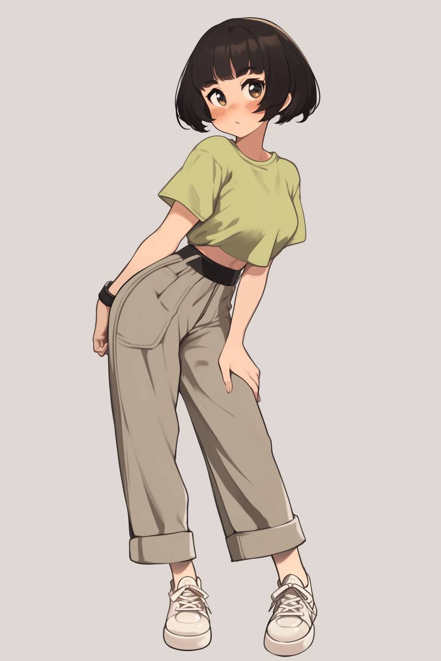 Uma personagem feminina encantadora de anime com cabelo curto e escuro, blusa cropped, calças flare e tênis.