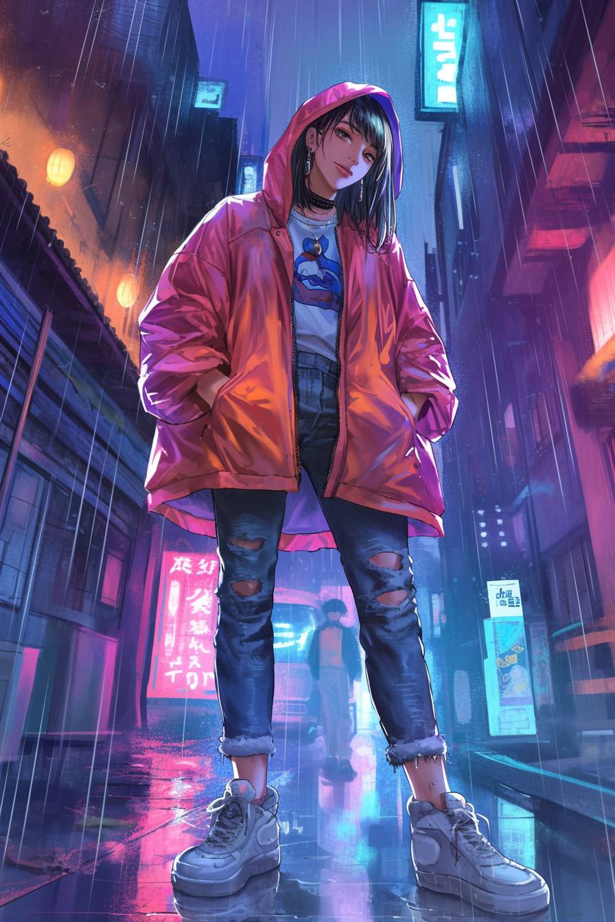 Aki Hayakawa aus Chainsaw Man trägt lebendige Freizeitkleidung von Cardi B: eine helle Jacke, zerrissene Jeans und Sneakers, raucht in einer neongbeleuchteten Gasse.