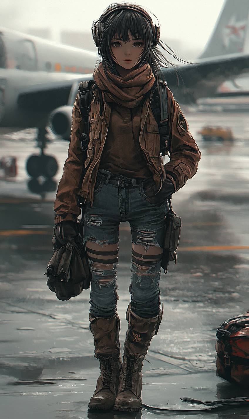 Coole Anime-Mädchen in brauner Flugjacke, zerrissenen Jeans und Kampfstiefeln an einem nebligen Flughafen.