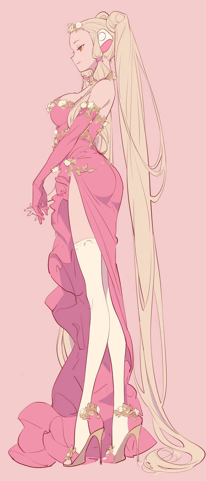 Ariana Grande cosplaying as Chii from Chobits in a pink Valentino gown.