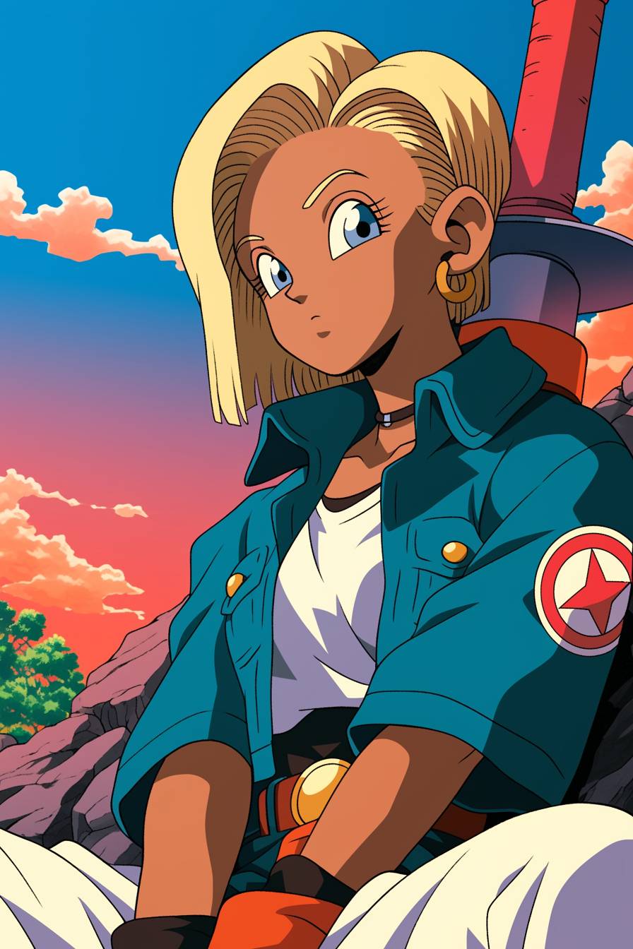 Janelle Monáe cosplaying as Android 18 from Dragon Ball Z, wearing a blue jacket and blonde hair on a desert battlefield.