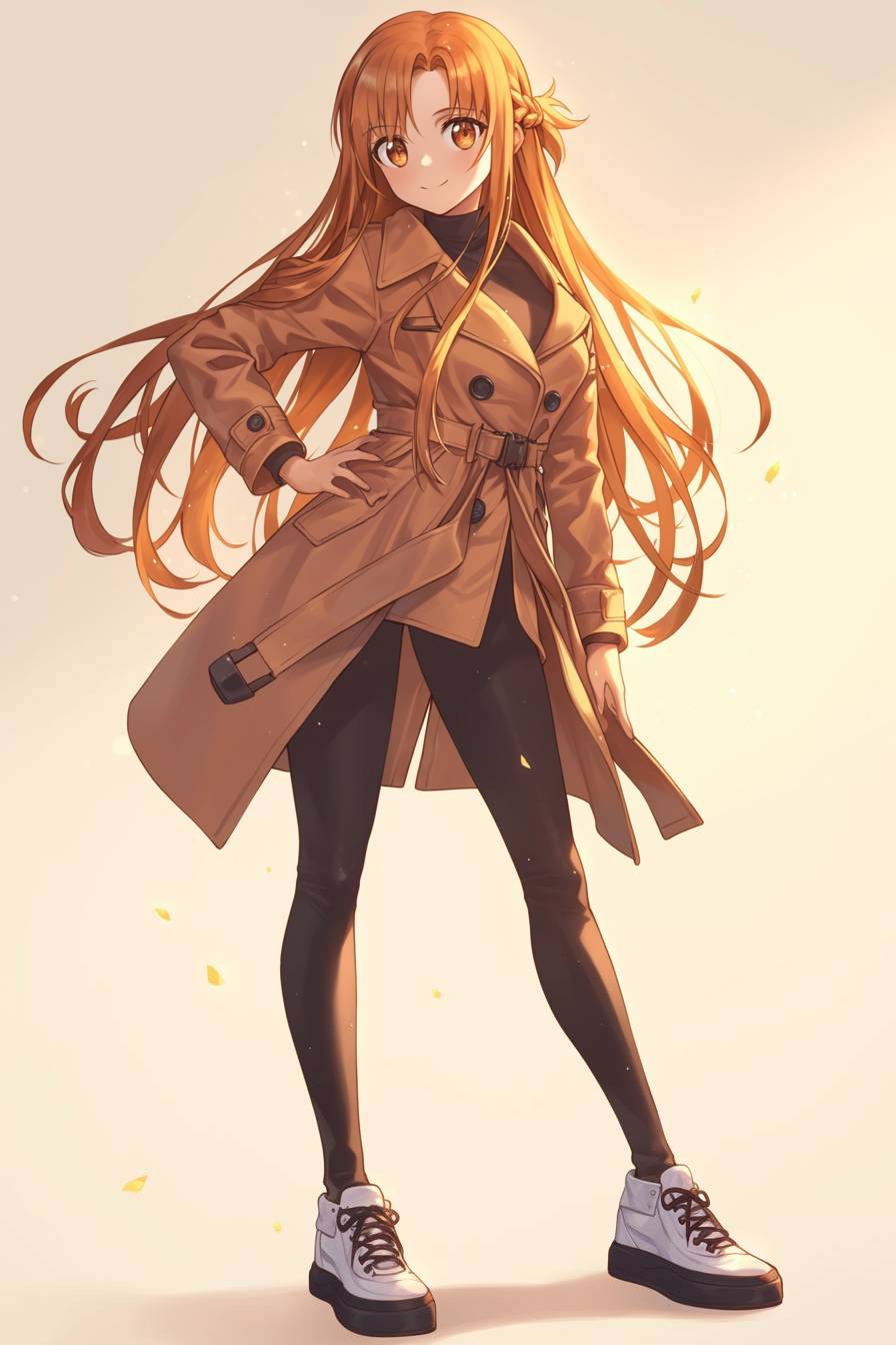 Un personnage d'anime élégant inspiré d'Asuna Yuuki de Sword Art Online, avec de longs cheveux brun-orangés, portant un trench-coat court et des baskets, posant élégamment sur un fond ivoire uni.