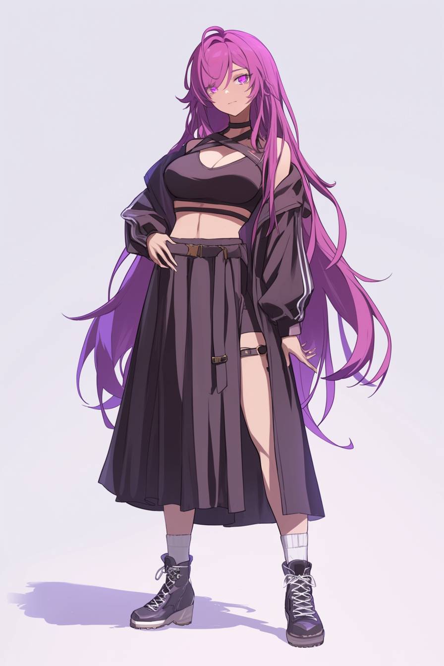 Uma personagem feminina mística de anime com cabelo roxo, usando um cropped e saia, em pé contra um fundo lilás claro.