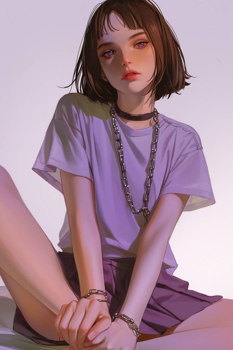 Kristen Stewart in a pleated skirt and T-shirt, with a bob haircut and purple eyes, sitting with chains around her neck.