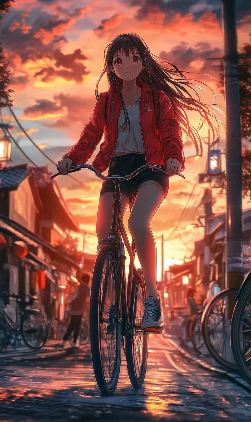 魅力的なアニメの女の子が赤いジャケット、黒のジーンズ、スニーカーを着て、自転車に乗って、川沿いの街で暖かい夕日を背景にしています。