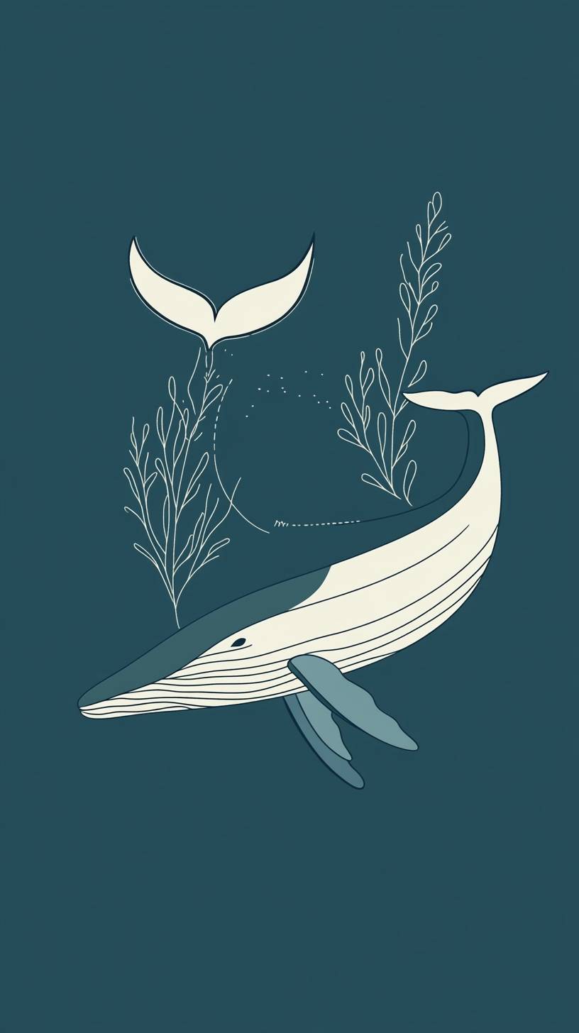 Contour de baleine minimaliste avec des coups de pinceau en teal doux, composition sereine