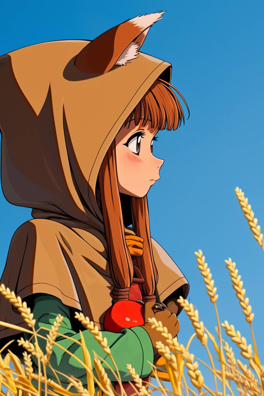 Sophie Turner cosplaying as Holo from Spice and Wolf, in a brown cloak with wolf ears, standing in a wheat field.