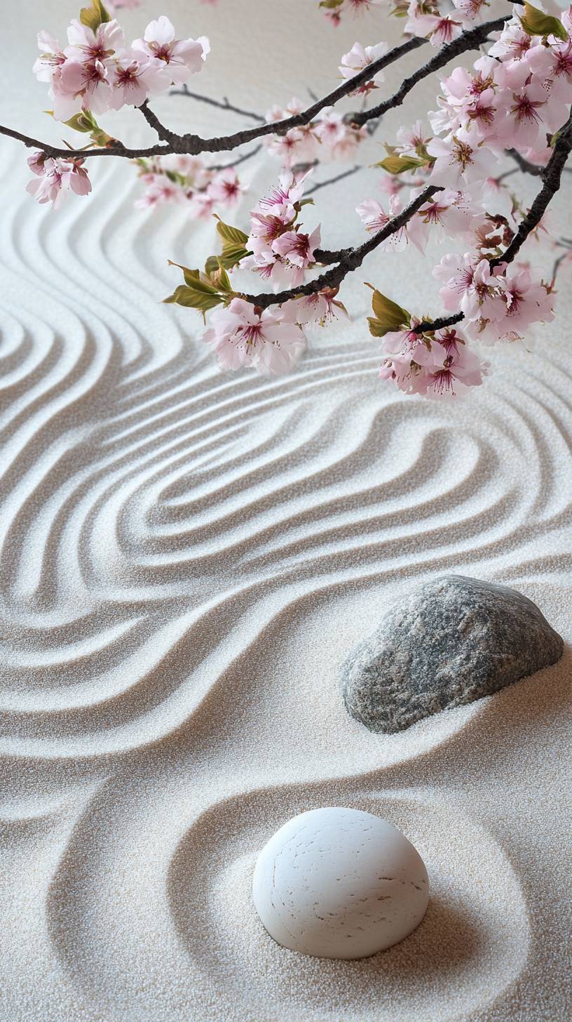 Un jardin zen serein avec du sable ratissé et des cerisiers en fleurs.