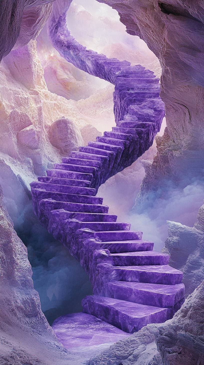 An endless spiral staircase carved from amethyst winds through shifting pastel mists.