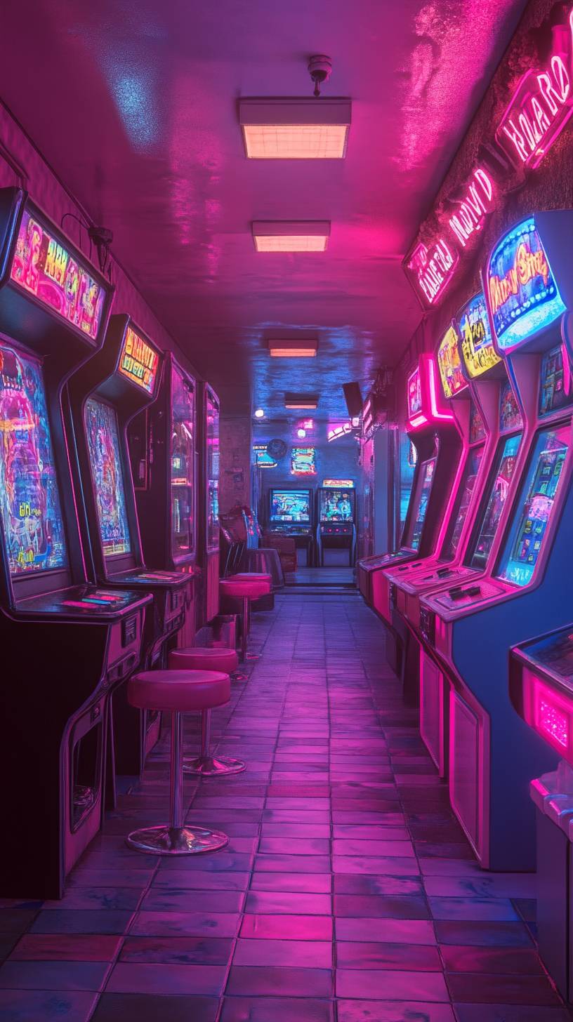 Une salle d'arcade éclairée au néon avec des machines de jeux rétro qui brillent en rose et bleu.