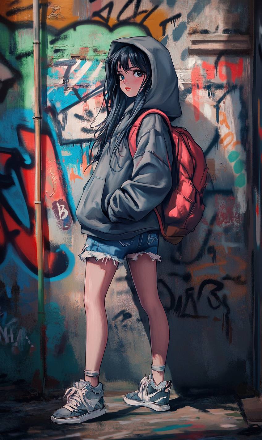 Une fille d'anime mignonne en hoodie oversize et shorts en denim, portant des baskets montantes devant un mur de graffiti.