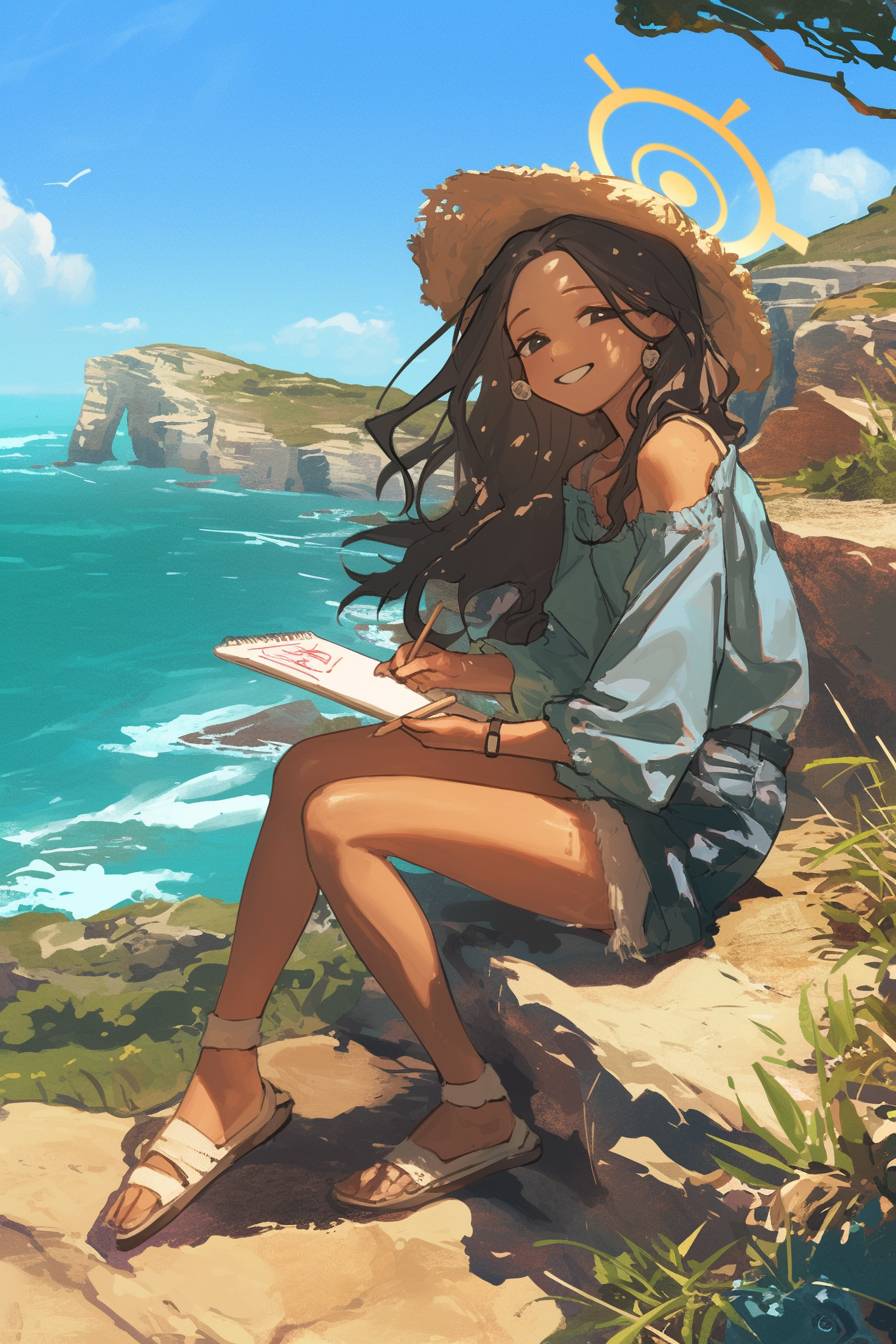 Shigeno Kageno from Blue Archive wears Halle Bailey’s breezy style while sketching by a seaside cliff.