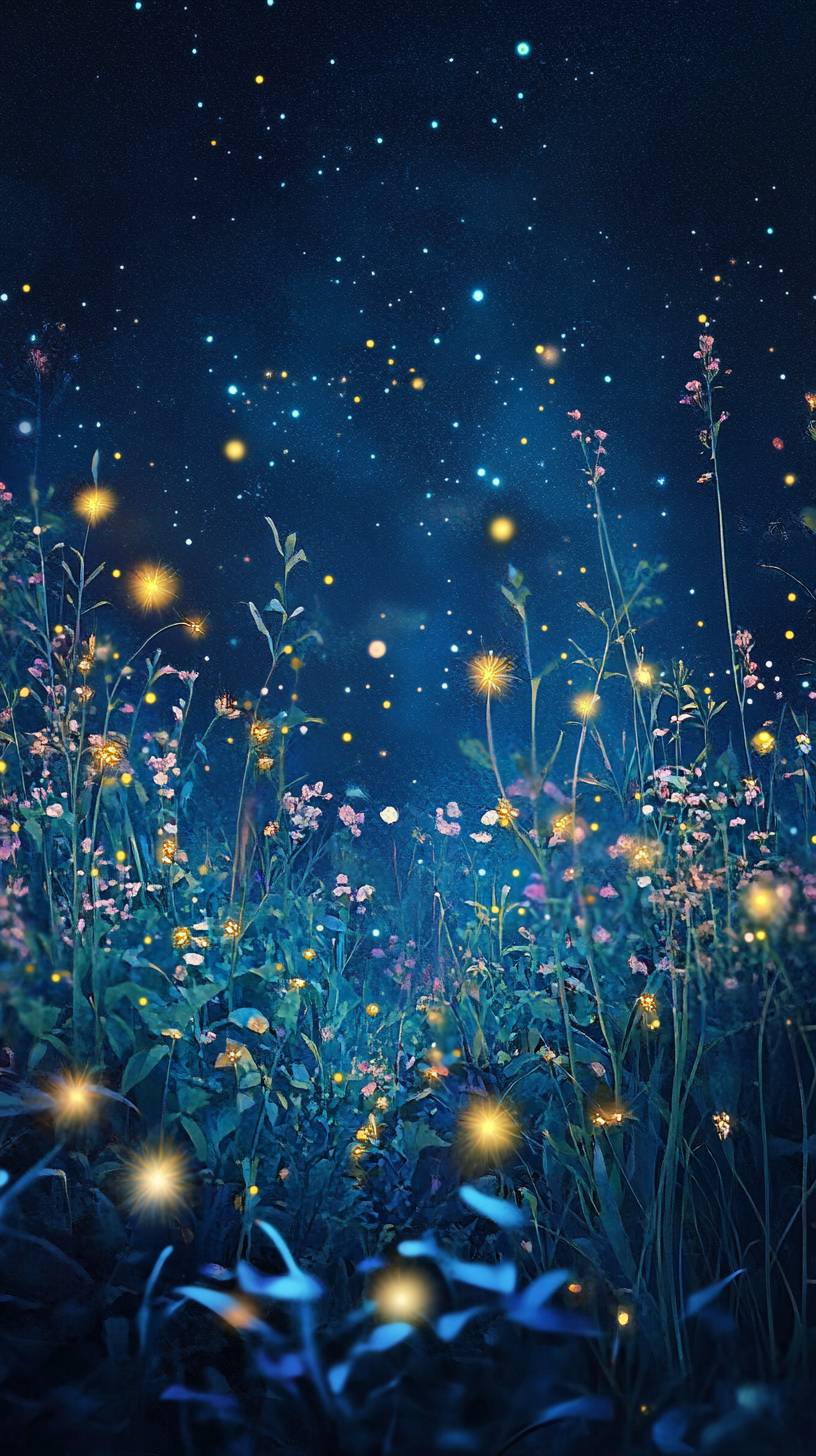 A whimsical garden with glowing fireflies under a starry night sky