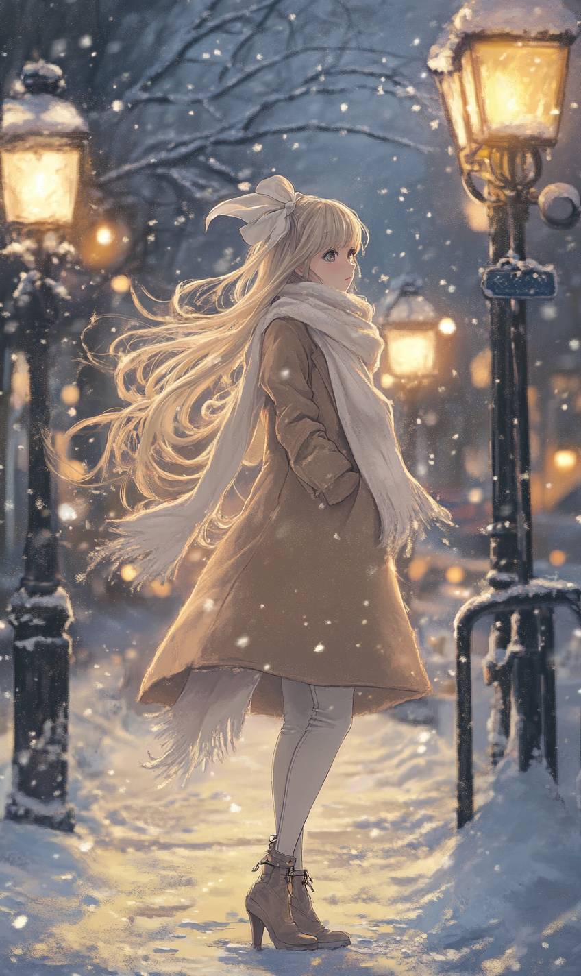 優しいアニメの女の子がキャメルウールのコートと白いスカーフを着ており、静かな雪の街が背景にあります。