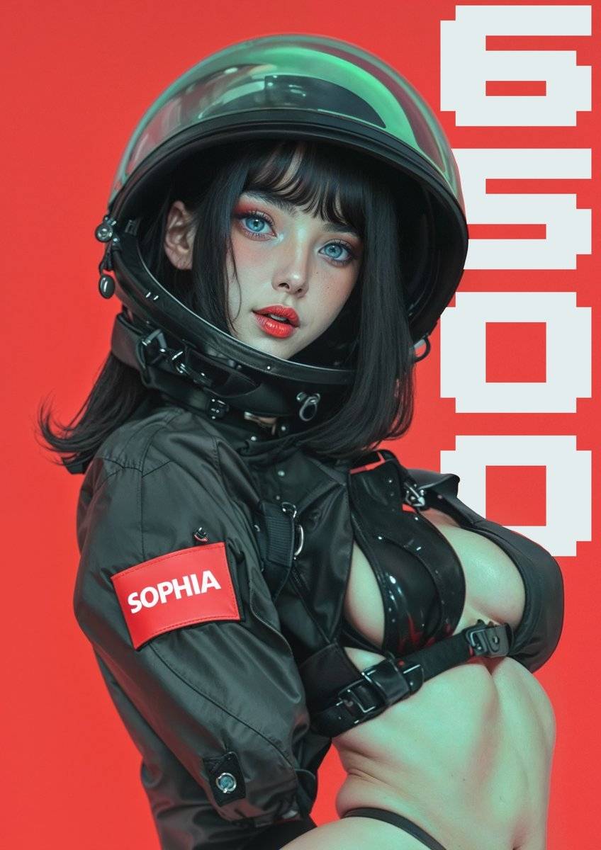 Eine japanische Frau namens 'SOPHIA' in einer offenen Jacke und einem Bodysuit posiert für das Cover des Magazins 'Dry Chapel'.