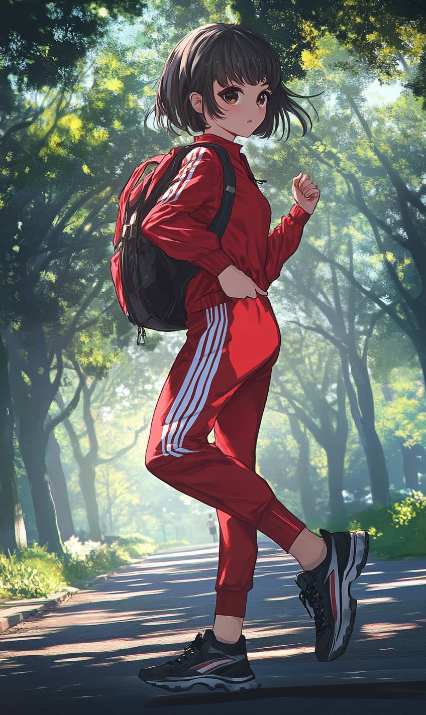 Garota anime animada em um conjunto esportivo vermelho e tênis pretos, correndo em um caminho de parque com névoa matinal.