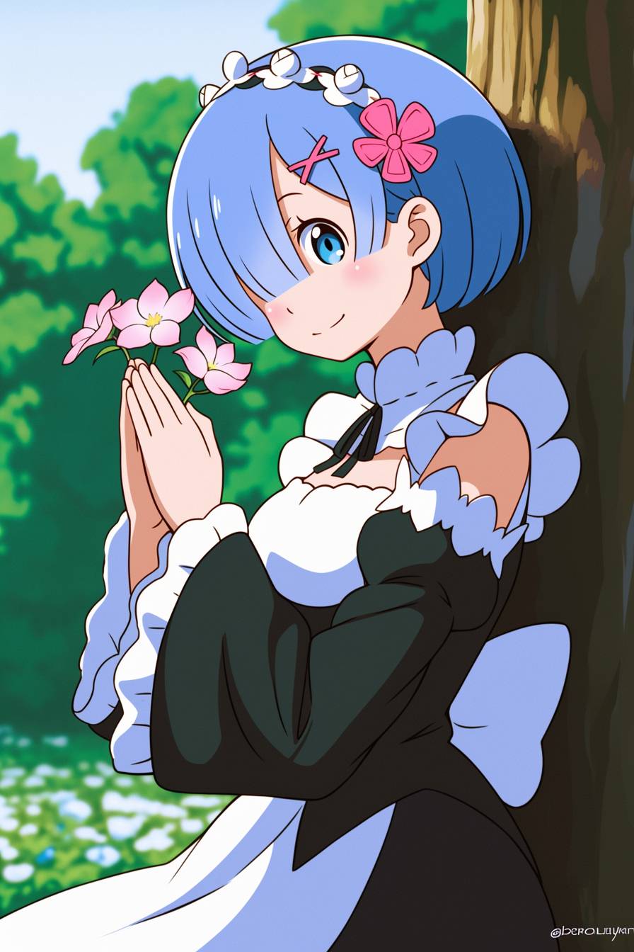 Maude Apatow disfrazada de Rem de Re:Zero, con un vestido de sirvienta azul, sonrisa suave, en el jardín de una mansión, estilo anime vibrante.