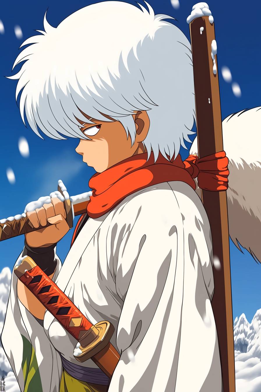 Simu Liu en cosplay de Gintoki Sakata de Gintama, portant un kimono blanc avec une épée en bois, dans une rue de style Edo.