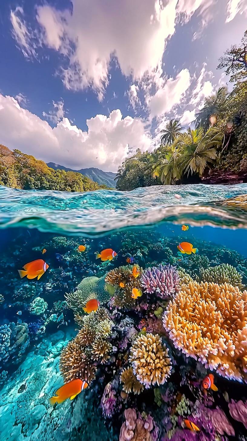 Un récif corallien vibrant avec des poissons tropicaux dans une eau cristalline.