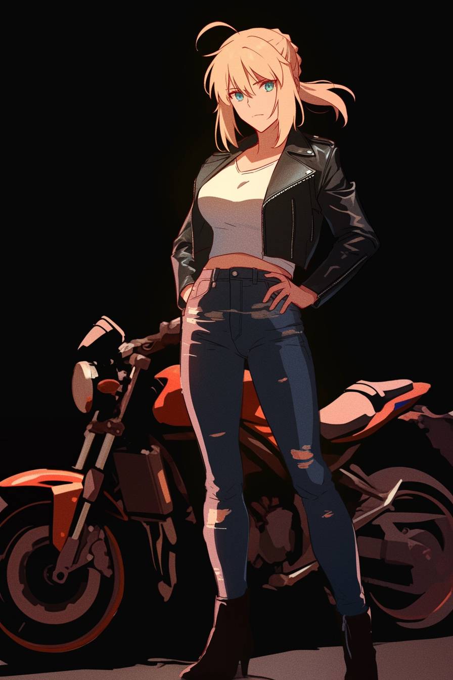 Un personnage de style anime audacieux inspiré par Saber de Fate/Stay Night avec des cheveux blonds dans une veste en cuir, un jean taille haute et des bottes, se tenant avec confiance sur un fond de charbon propre.