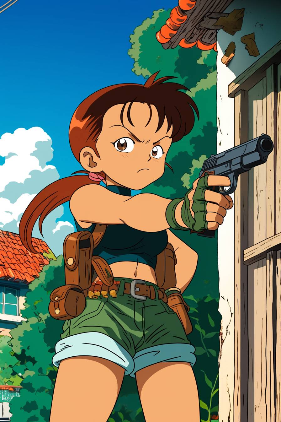 Phoebe Waller-Bridge cosplaying as Revy from Black Lagoon in a cropped top and shorts, dual wielding pistols with an intense anime style.