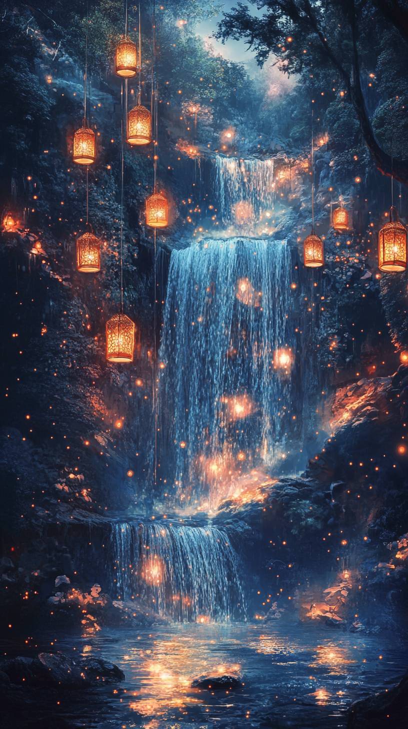 A waterfall of liquid stardust flows into a midnight blue pool surrounded by soft amber lanterns.