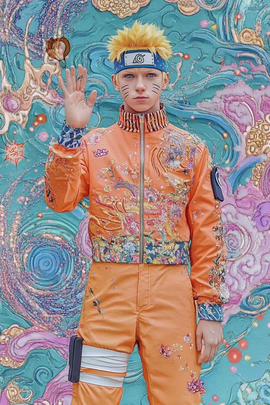 Tom Holland se costumente en Naruto Uzumaki, portant une combinaison orange et un bandeau, formant un signe avec ses mains et entouré d'énergie tourbillonnante dans un style anime vibrant.