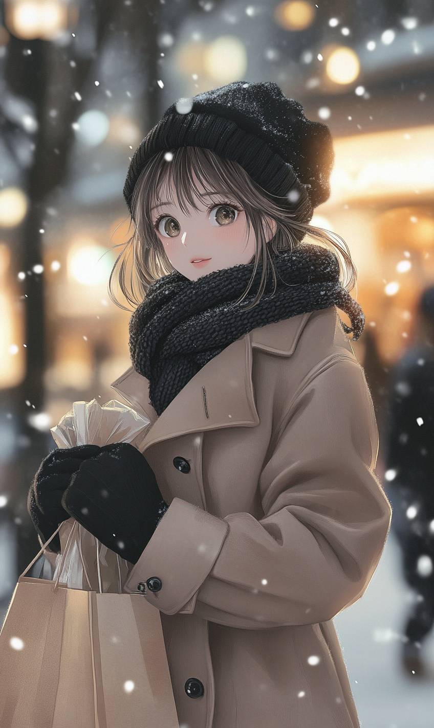 Chica anime suave con abrigo beige, gorro negro, bufanda, sosteniendo bolsas de compras en una escena invernal.