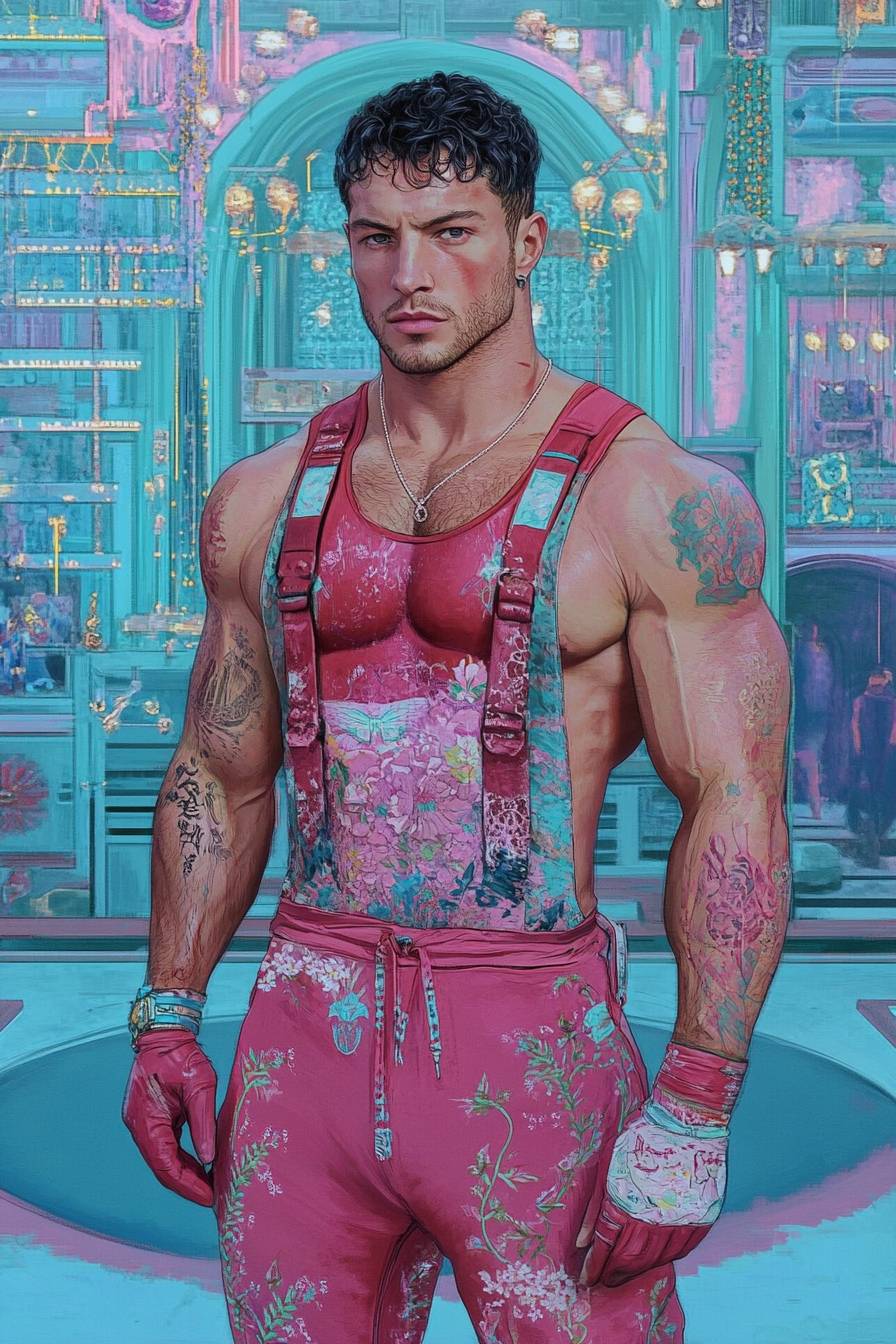 Tom Hardy cosplaying as Baki Hanma in a red tank top with a muscular build in an underground fighting ring.