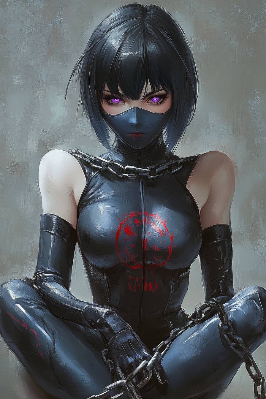 A beautiful Konan in a black and blue bodysuit with red text, long fingerless gloves, short dark bob cut, light purple eyes, an open face mask, sitting pose, chains around her neck, grey background.