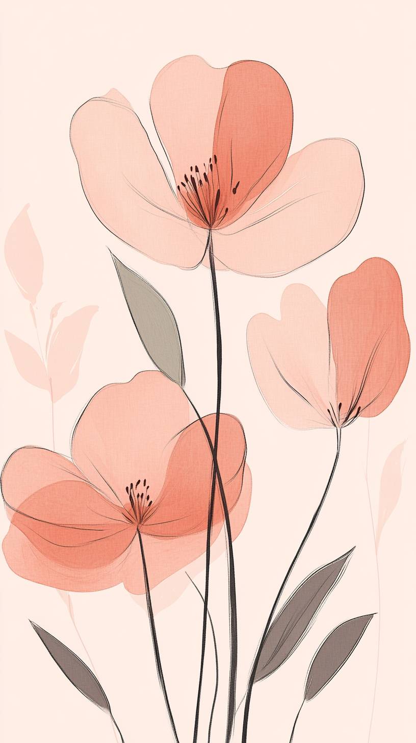 Doodle floral limpio en tonos rosa apagados, pétalos simples y composición ligera