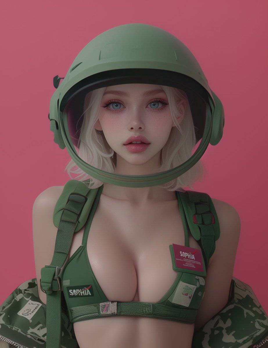 Uma personagem feminina futurista com cabelo curto dourado, usando um moderno capacete verde, um corpete de ficção científica e uma jaqueta de camuflagem.