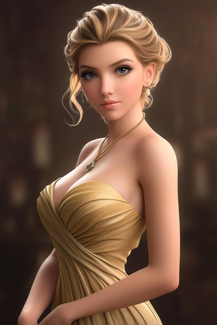 Scarlett Johansson in a golden satin dress with a captivating gaze