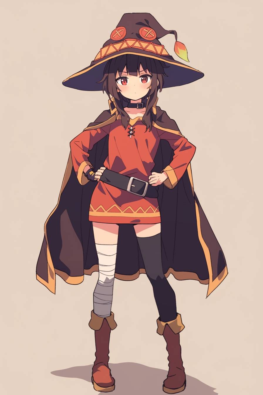 Personaje inspirado en Megumin de Konosuba, con cabello corto oscuro, vestido con una falda de abrigo estilo capa y botas. 