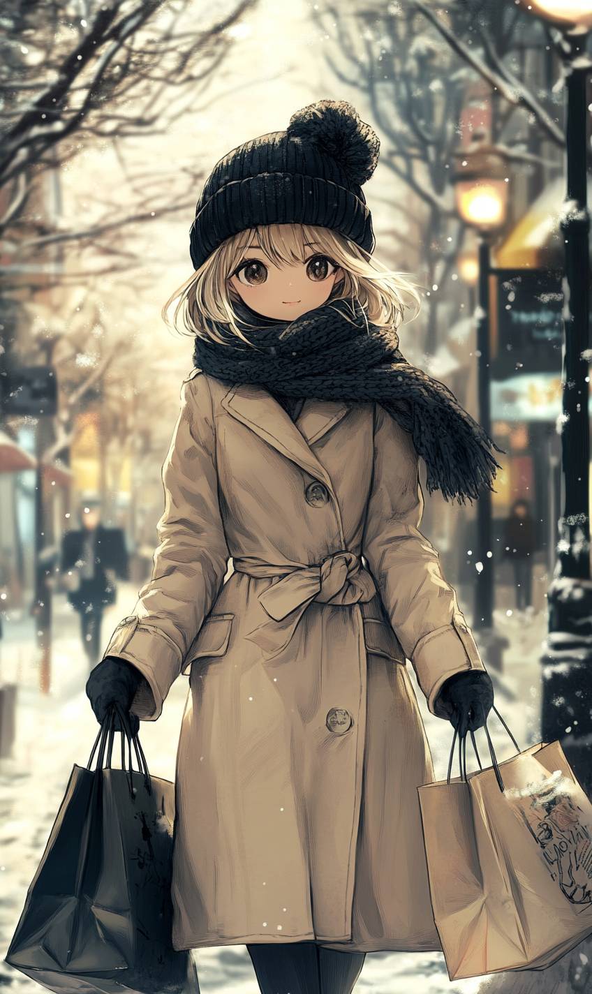 Uma garota de anime gentil em um trench coat bege, chapéu de malha preto e cachecol, segurando sacolas de compras em uma rua de inverno.