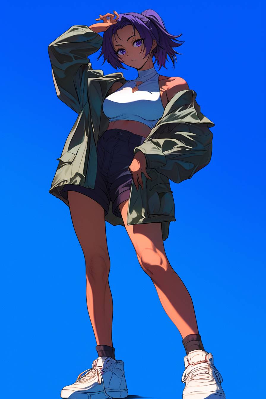 Uma personagem feminina de anime legal em uma jaqueta utilitária cropped, shorts cargo e tênis posando com confiança.