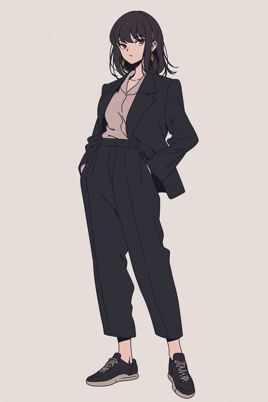 Um personagem feminino de anime elegante com cabelo escuro fluido em um blazer ajustado, calças de cintura alta e tênis, está de pé confiante contra um fundo cinza suave.