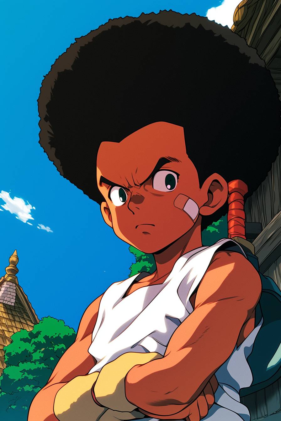 Jamie Foxx cosplaying as Stinkmeaner from The Boondocks, in a white tank top and wild hair, during a street fight scene in intense anime style.