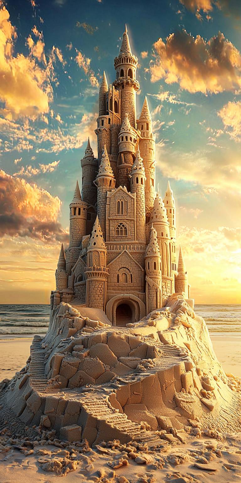 A towering sandcastle on a beach at sunrise with intricate details and warm tones.