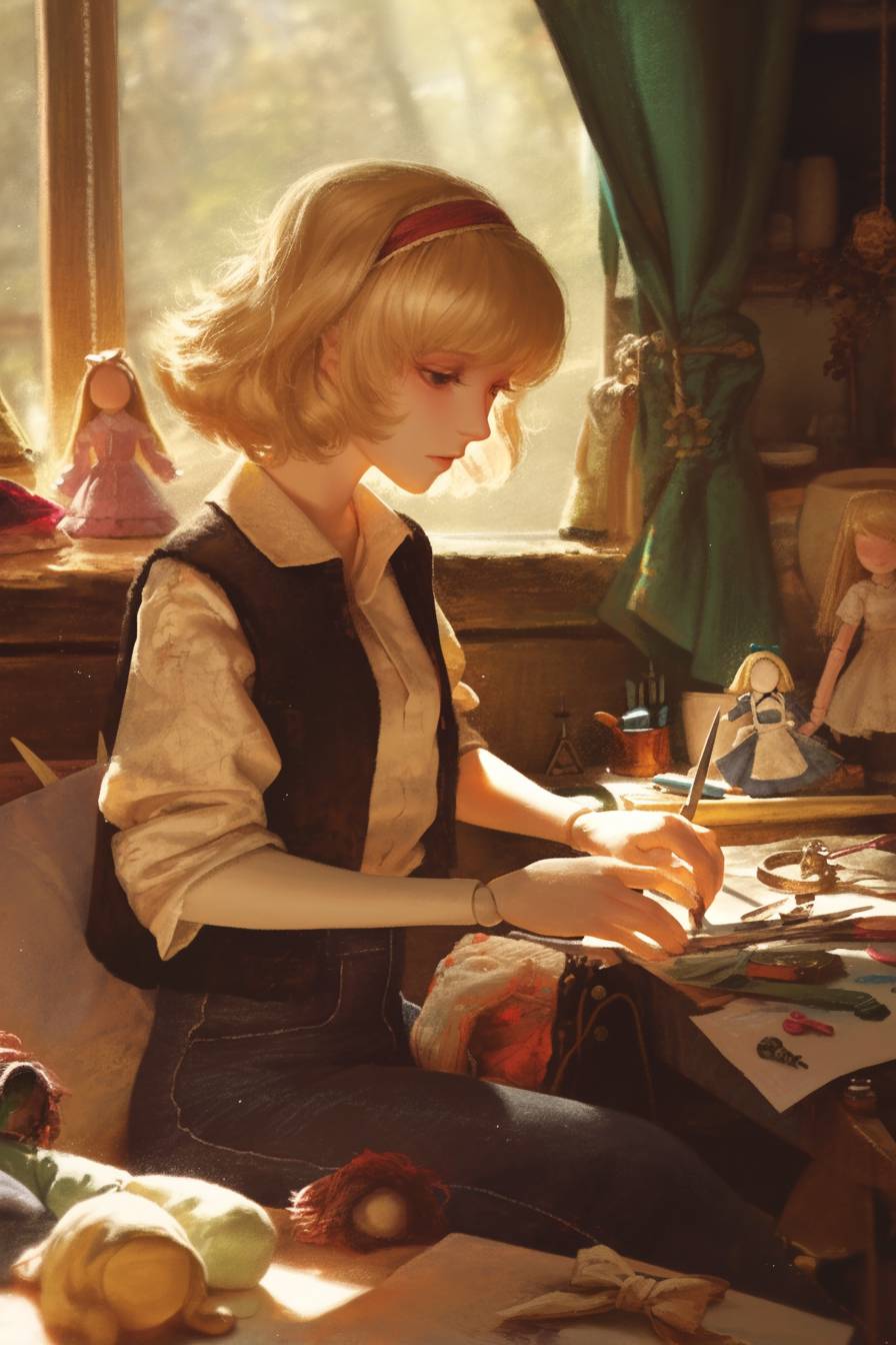 Alice Margatroid wears Margot Robbie's chic casuals, featuring a tailored jacket, jeans, and flats, crafting dolls in a quiet workshop under gentle sunlight.